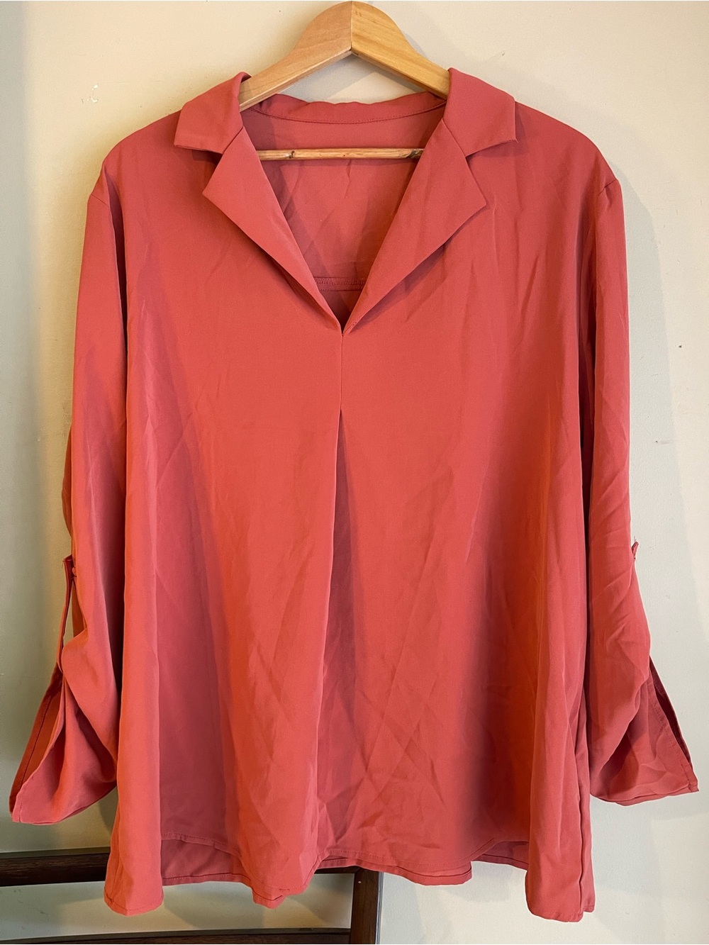 SHEIN Curve Terracotta V-Neck Roll Tab Sleeve Pleated Relaxed Blouse Frenchy